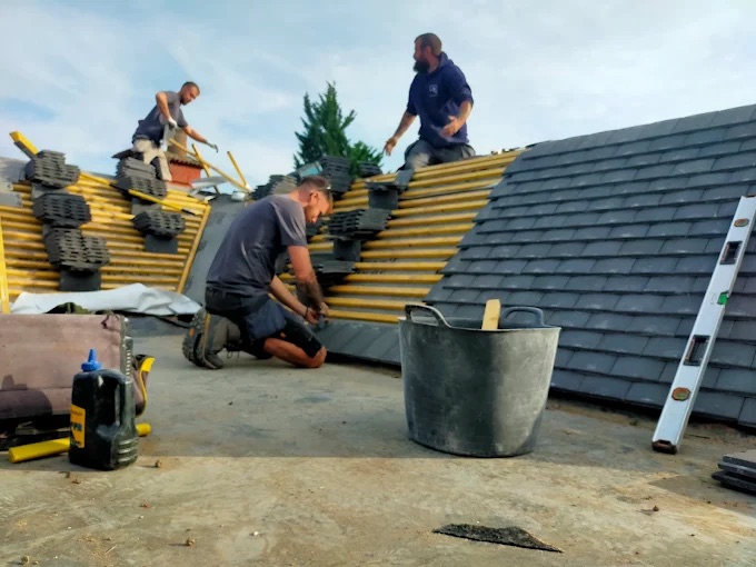 The JP Bobcat Roofing team at work tiling a roof — Jordan, Alex and the crew, Warwickshire