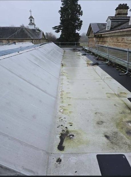 Failing original flat roof covering at Compton Verney before replacement